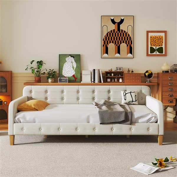 Twin Size Upholstered Daybed with 4 Support Legs, White