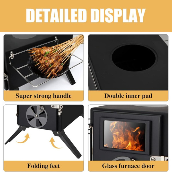 Camping Stove for Hot Tents, Carbon Steel Wood Burning Stove with Stainless Wall Chimney Pipes for Tents, Shelter, Outdoor Portable Stove for Camping and Cooking，Black