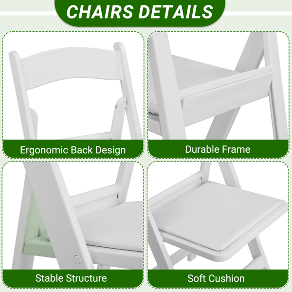 4 Pack Folding Chairs, Resin Chairs with Padded Seat, Comfortable Event Chairs Indoor Outdoor for Home Event Party Picnic School Wedding, White