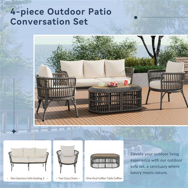 4-Piece Rattan Outdoor Patio Conversation Set with Seating Set for 5 and Coffee Table for Porch, Backyard and Garden (Grey)