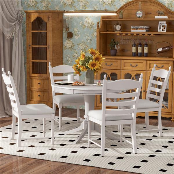 5-Piece Retro Functional Dining Table Set Wood Round Extendable Dining Table and 4 Upholstered Dining Chairs (Antique White)