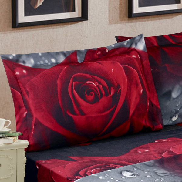 3D Sheet set 4 Pieces Rose Love Romantic Moment Print Sheet Set with Microfiber Fabric and Filling