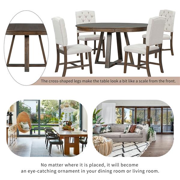 5-Piece Retro Functional Dining Set, Round Table with a 16"W Leaf and 4 Upholstered Chairs for Dining Room and Living Room (Walnut)