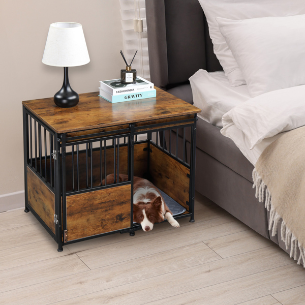 Dog Crate Furniture with Cushion for Large Medium Dogs, Wooden Heavy Duty Dog Kennel with Double Doors, Decorative Pet House Dog Cage Side End Table Indoor, Sliding Door, Rustic Brown