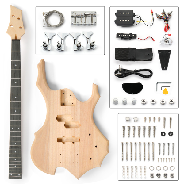 DIY 4 String Flame Shaped Style Electric Bass Guitar Kits with Mahogany Body, Maple Neck and Accessories