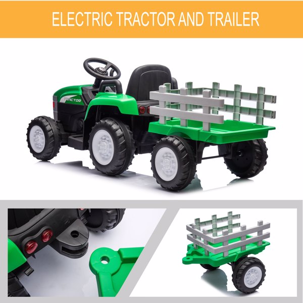 Green, 12V7AH Battery-Powered Toy Tractor with Trailer, Remote Control, Kids' Electric Excavator Vehicles with 2x35W Dual Motor, Treaded Tires, LED Lights, USB, Music,  - Gift Childrens DAY