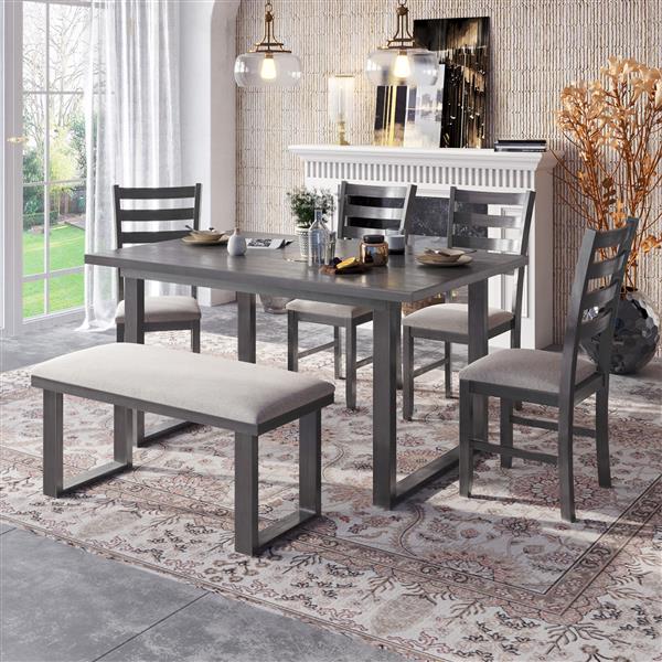 6-Pieces Family Furniture, Solid Wood Dining Room Set with Rectangular Table & 4 Chairs with Bench(Gray)