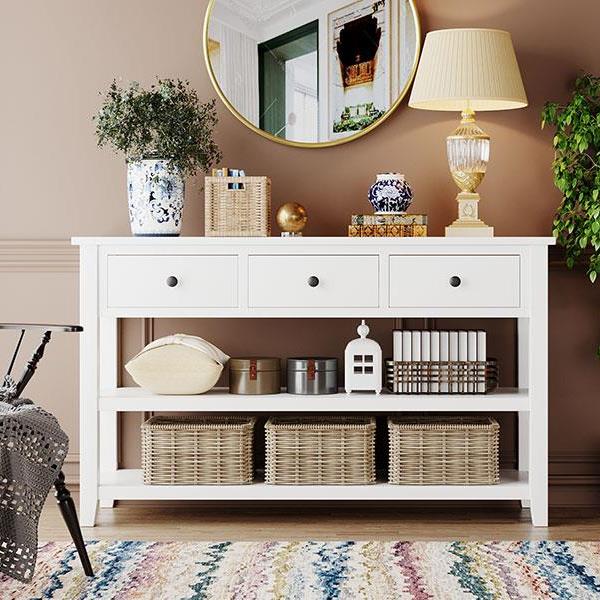 Retro Design Console Table with Two Open Shelves, Pine Solid Wood Frame and Legs for Living Room (Antique White)