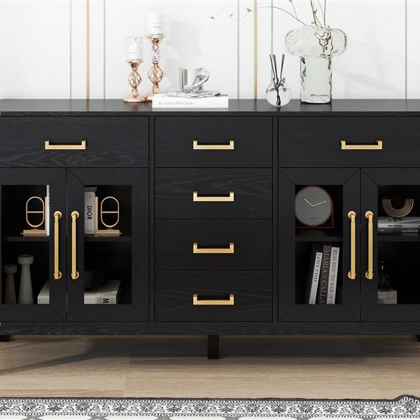 6-drawer and 2-Cabinet Retro Sideboard with Extra Large Storage Space, with ld Handles and Solid Wood Legs, for Kitchen and Living Room (Black)