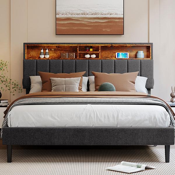 Queen Size Upholstered Platform Bed with Storage Headboard and USB Port,  Linen Fabric Upholstered Bed (Gray)