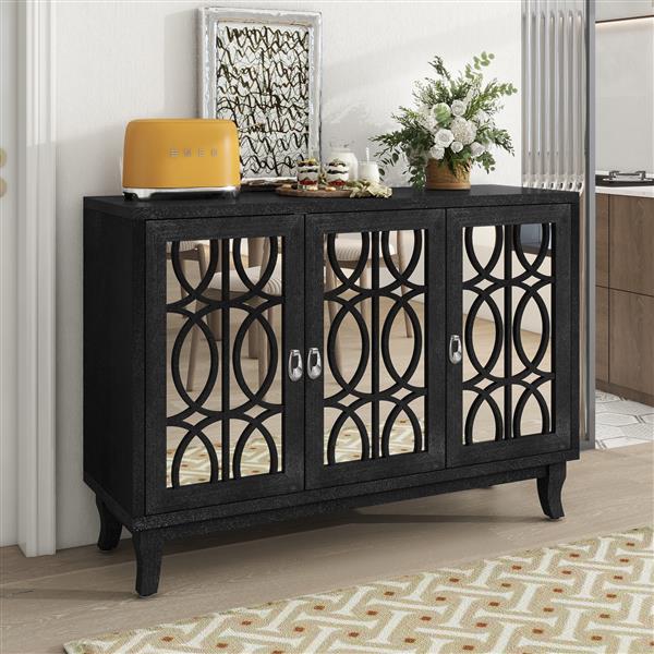 Sideboard with Glass Doors, 3 Door Mirrored Buffet Cabinet with Silver Handle for Living Room, Hallway, Dining Room (Black)