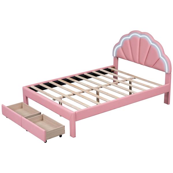 Full Size Upholstered Platform Bed with Seashell Shaped Headboard, LED and 2 Drawers, Pink