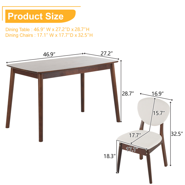 Rubber wood soft bag deep walnut dining table and chair set 1 table 4 chairs beige cushion rectangular