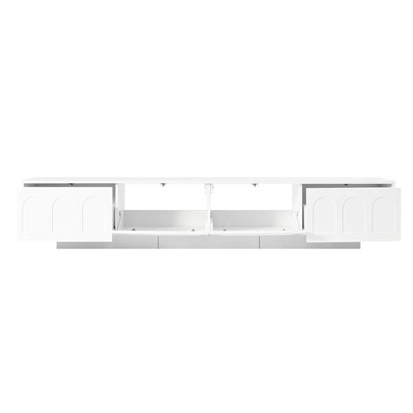 TV Stand with Fluted tempered Glass Doors for TVs Up to 95'', Functional Media Console with Arched Cabinet Doors, Entertainment Center with APP-Controlled LED Light for Living Room, White