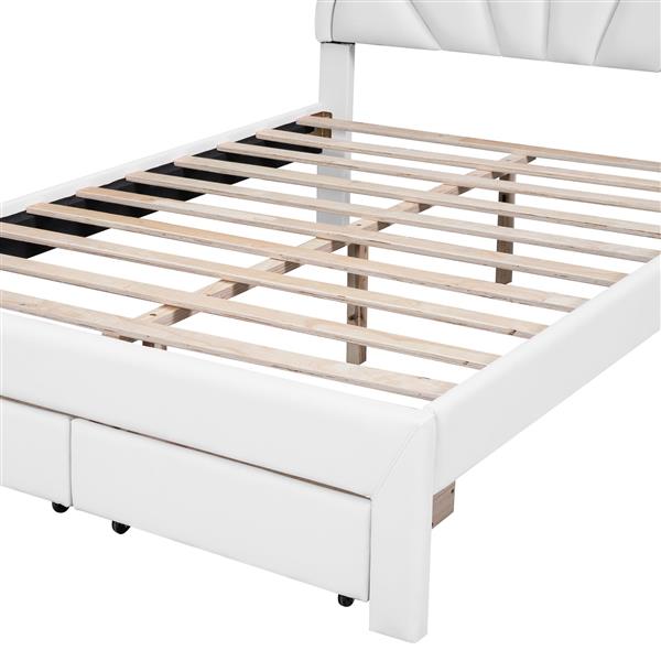 Full Size Upholstered Platform Bed with Seashell Shaped Headboard, LED and 2 Drawers, White