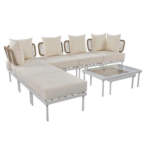 8-Piece Patio Sectional Sofa Set with Tempered Glass Coffee Table and Wooden Coffee Table for Outdoor Oasis, Garden, Patio and Poolside (Beige Cushion + White Steel)