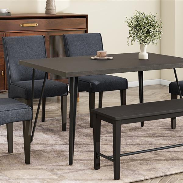 Modern 6-Piece Dining Table Set with V-Shape Metal Legs, Wood Kitchen Table Set with 4 Upholstered Chairs and Bench for 6,Espresso