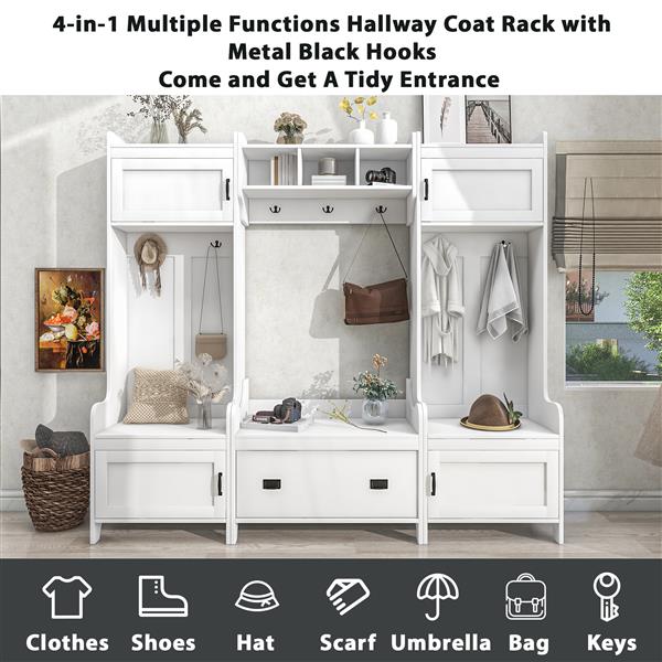 Modern Style 4-in-1 Multiple Functions Hallway Coat Rack with Seven Metal Black Hooks, Entryway Bench Hall Tree with Ample Storage Drawer, White