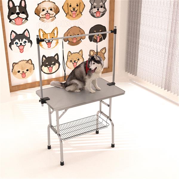 46" Folding Dog Pet Grooming Table Stainless Steel Frame Rubber Mat on Board with Adjustable Arm and Clamps pet dog Cat Grooming Table (SILVER-GRAY COLOR)