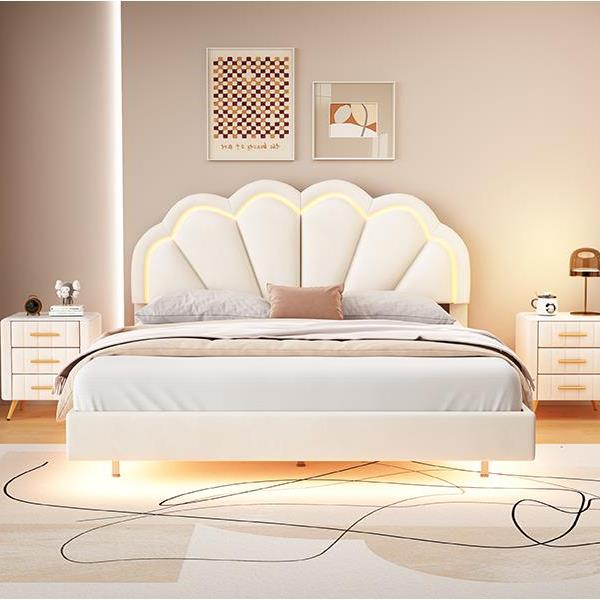 Queen Upholstered Smart LED Bed Frame with Elegant Flowers Headboard,Floating Velvet Platform LED Bed with Wooden Slats Support,Beige