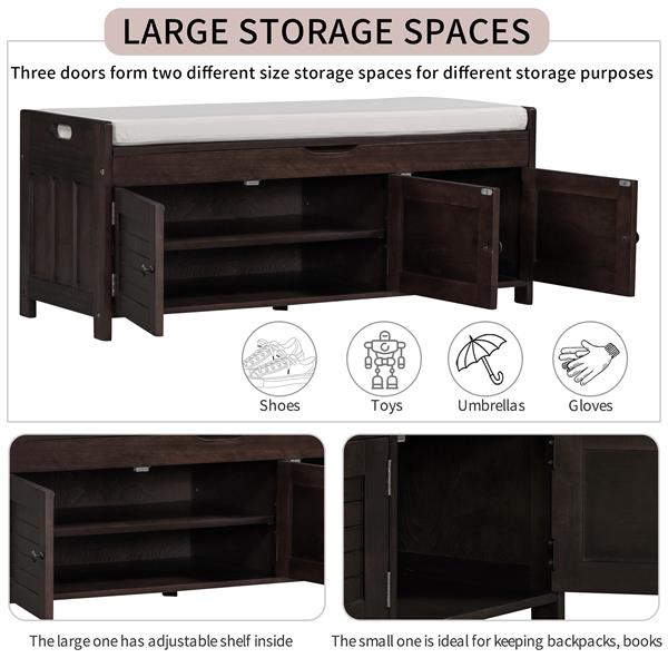 Storage Bench with 3 Shutter-shaped Doors, Shoe Bench with Removable Cushion and Hidden Storage Space (Espresso)