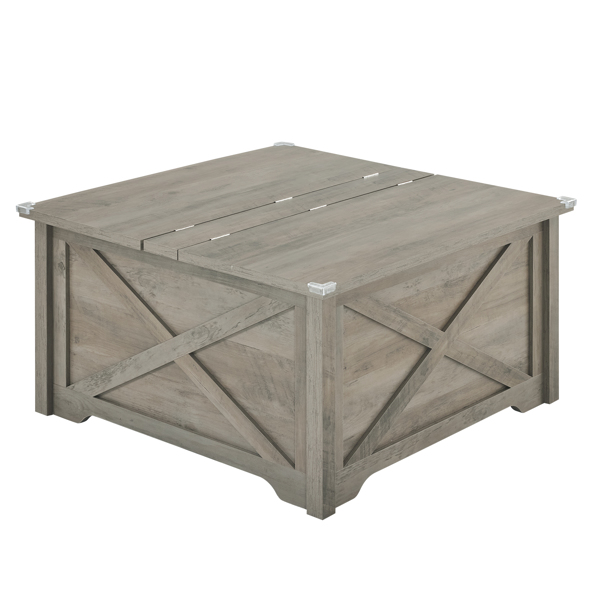 Farmhouse Coffee Table, Square Wood Center Table with Large Hidden Storage Compartment for Living Room, Rustic Cocktail Table with Hinged Lift Top for Home, Rustic Gray