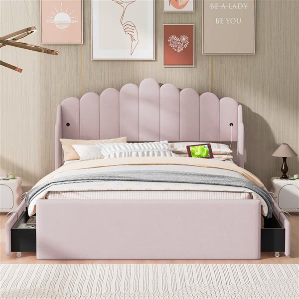 Full Size Upholstered Platform Bed with 4 Drawers and 2 USB, Pink