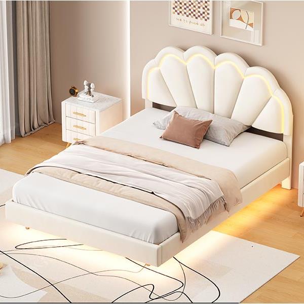 Full Upholstered Smart LED Bed Frame with Elegant Flowers Headboard,Floating Velvet Platform LED Bed with Wooden Slats Support,Beige