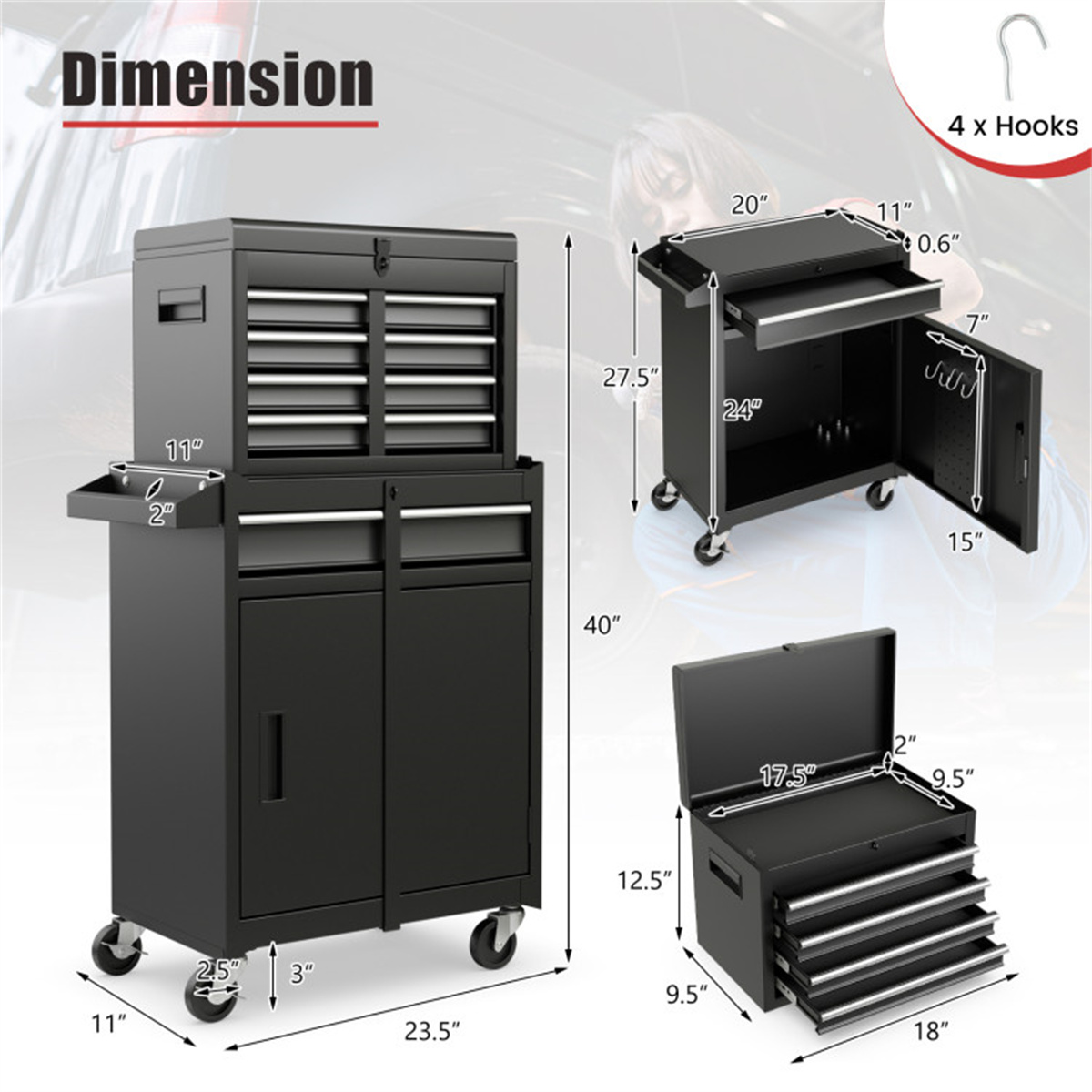 Rolling Tool Chest with 5 Sliding Lockable Drawers view 3