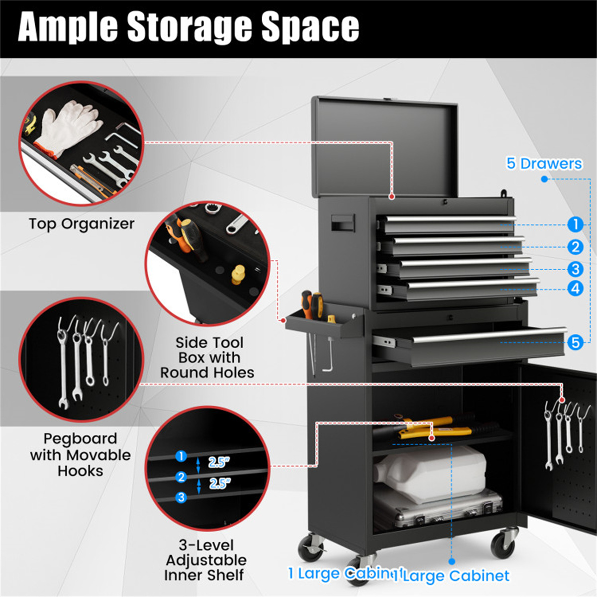Rolling Tool Chest with 5 Sliding Lockable Drawers view 4