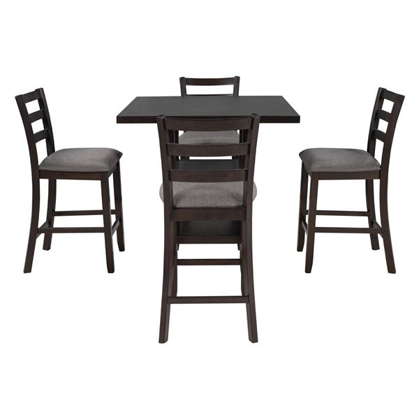 5-Piece Wooden Counter Height Dining Set with Padded Chairs and Storage Shelving (Espresso)