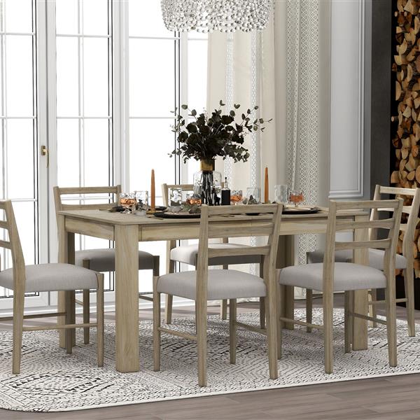 7-Piece Wooden Dining Table Set Mutifunctional Extendable Table with 12" Leaf and 2 Drawers, 6 Dining Chairs with Soft Cushion (Natural Wood Wash)