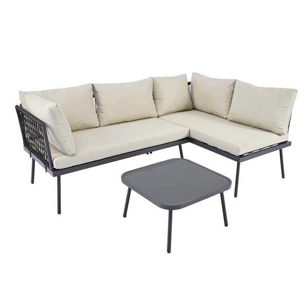 Modern Outdoor 3-Piece PE Rattan Sofa Set All Weather Patio Metal Sectional Furniture Set with Cushions and Glass Table for Backyard, Poolside, Garden,Black,L-Shaped