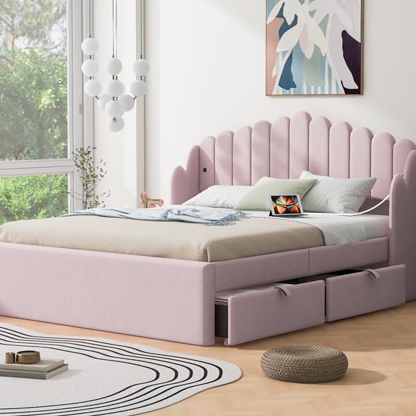 Queen Size Upholstered Platform Bed with 4 Drawers and 2 USB, Pink