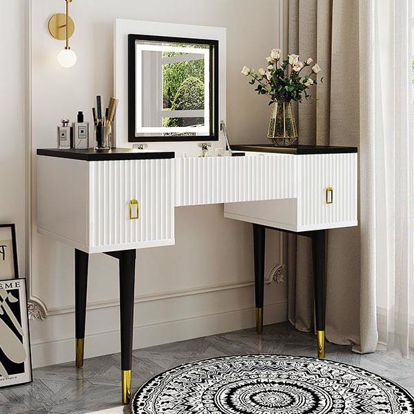 43.3" Modern Vanity Table Set with Flip-top Mirror and LED Light, Dressing Table with Customizable Storage, White and Black