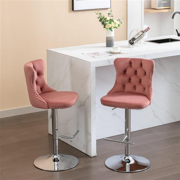 Swivel Velvet Barstools Adjusatble Seat Height from 25-33 Inch, Modern Upholstered Chrome base Bar Stools with Backs Comfortable Tufted for Home Pub and Kitchen Island, Pink,Set of 2,1712PK