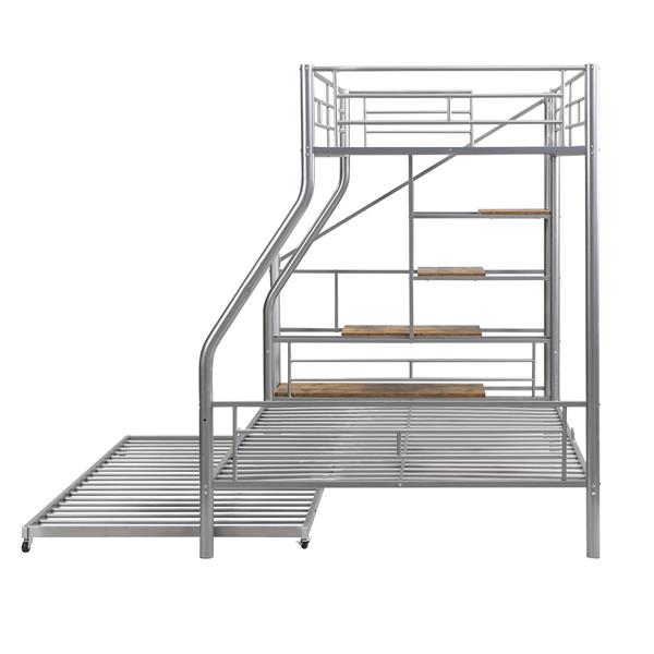 Twin over Full Size Metal Bunk Bed with Trundle and Storage Staircase, Silver