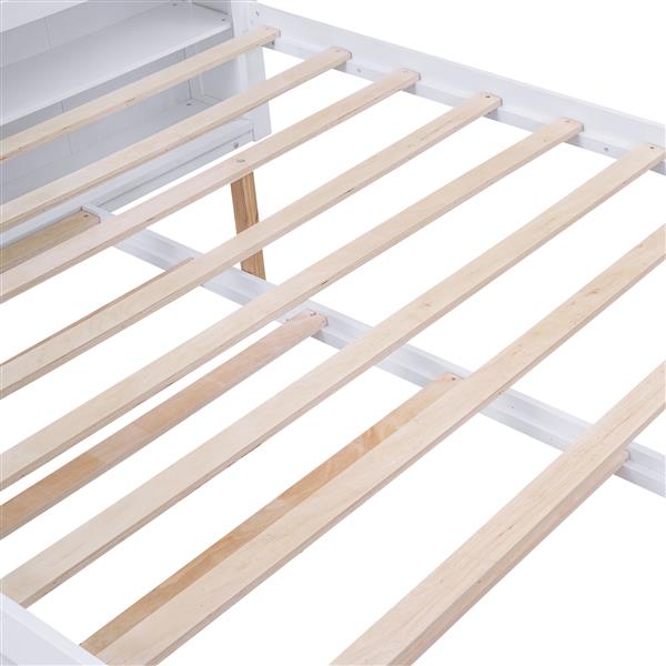 Queen Size Storage Platform Bed with Pull Out Shelves and Twin  XL Size Trundle, White