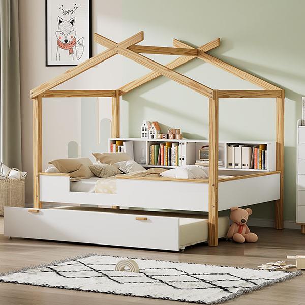 White Full Size Wooden House Bed with Original Wood Colored Frame Twin Size Trundle and Bookshelf Storage Space for Children or Guest Room