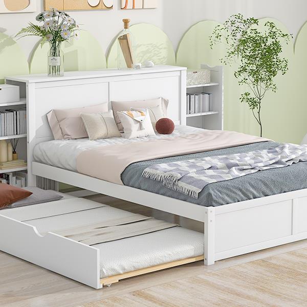 Queen Size Storage Platform Bed with Pull Out Shelves and Twin  XL Size Trundle, White