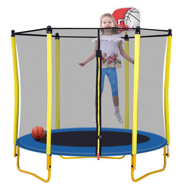 5.5FT Trampoline for Kids - 65" Outdoor & Indoor Mini Toddler Trampoline with Enclosure, Basketball Hoop and Ball Included