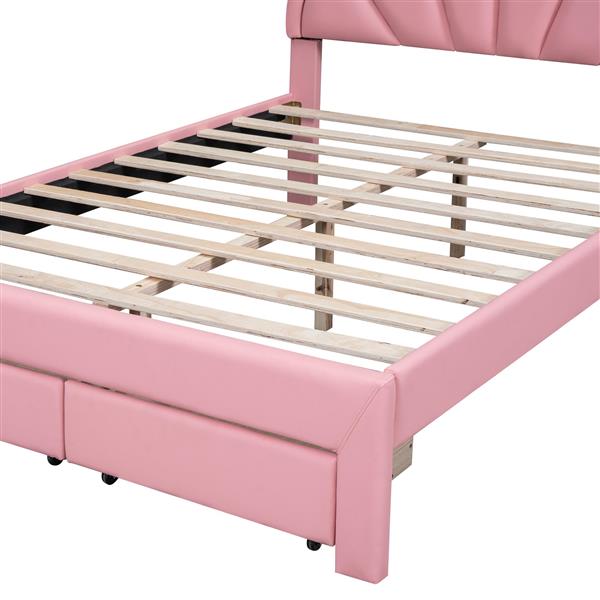 Full Size Upholstered Platform Bed with Seashell Shaped Headboard, LED and 2 Drawers, Pink