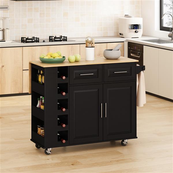 Multi-Functional Kitchen Island Cart with Stylish and Minimalist Bar Stools, Combination Set, Convenient and Practical (Black Kitchen Island + Wood Color Bar Stools)