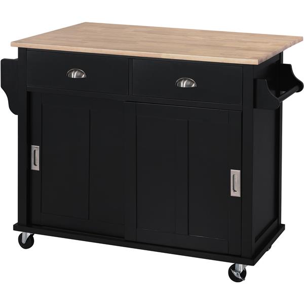 Kitchen Cart with Rubber wood Drop-Leaf Countertop, Concealed sliding barn door adjustable height,Kitchen Island on 4 Wheels with Storage Cabinet and 2 Drawers,L52.2xW30.5xH36.6 inch, Black