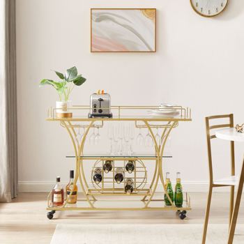 Electroplated Glass Bar Cart, With Wine Rack And Glass Holder, For Kitchen, Serving, Hotel  Gold