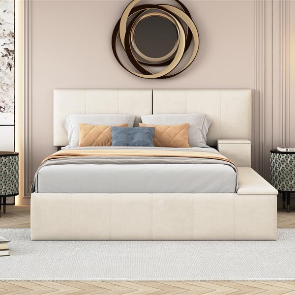 Queen Size Upholstered Platform Bed with Lateral Storage Compartments and Thick Fabric, Velvet, Beige