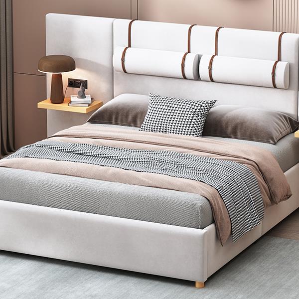 Queen Size Upholstered Platform Bed, Two Outlets and USB Charging Ports on Both Sides, Two Bedside Pillows, Storage Shelves, Beige