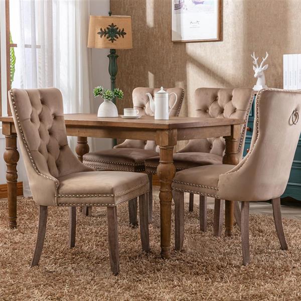 Modern, High-end Tufted Solid Wood Contemporary Velvet Upholstered Dining Chair with Wood Legs Nailhead Trim 2-Pcs Set, Khaki