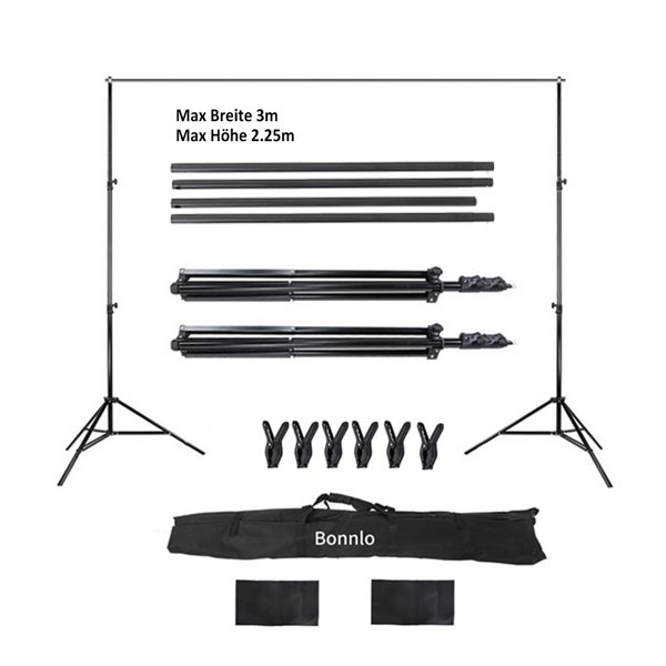 S-8 2 * 3m Foldable Background Stand with 6 Fish Mouth Clips and 2 Sandbag Iron Black Photography Stand