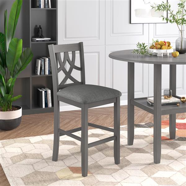 Farmhouse 3 Piece Round Counter Height Kitchen Dining Table Set with Drop Leaf Table, One Shelf and 2 Cross Back Padded Chairs for Small Places, Gray